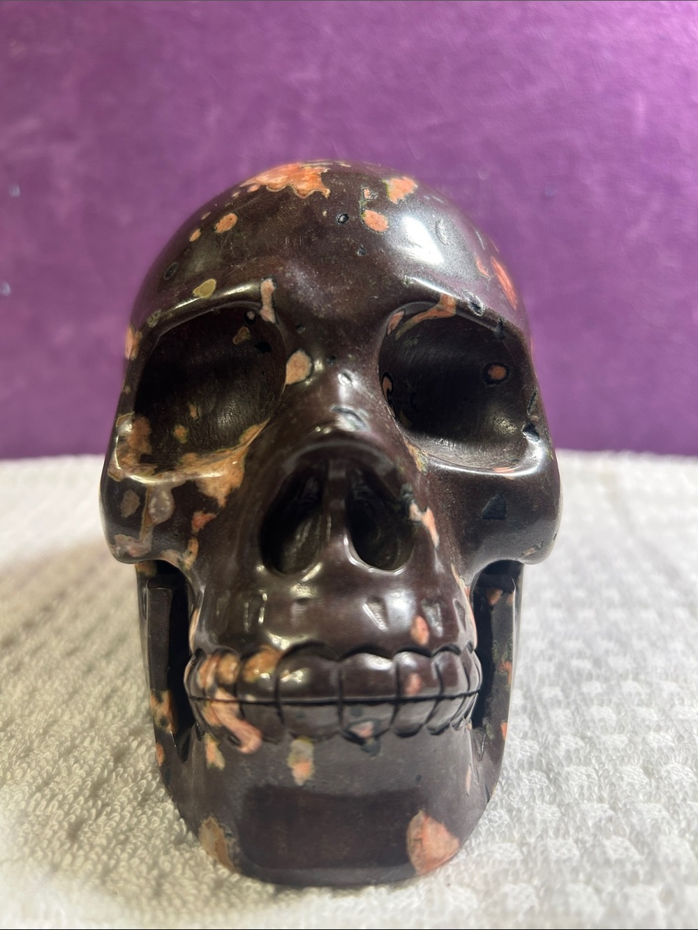 Chocolate Agate/Peach Blossom Hand Carved Skull (LC)